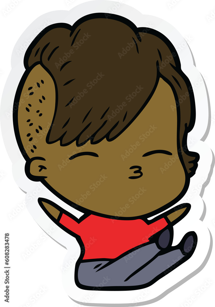 sticker of a cartoon squinting girl