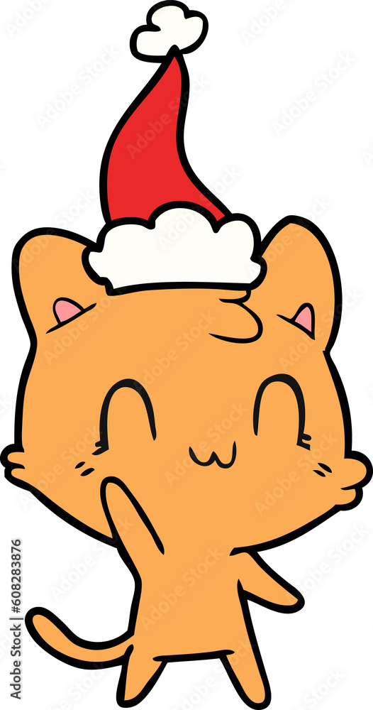 hand drawn line drawing of a happy cat wearing santa hat