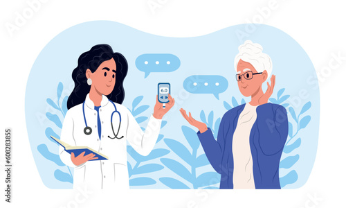 World Diabetes Day banner. A young smiling female doctor measures the sugar level of an elderly woman with a glucometer. Family doctor.