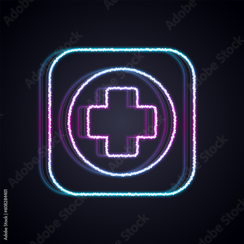 Glowing neon line Hospital signboard icon isolated on black background. Vector