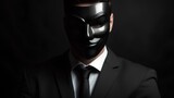 Concept of a liar, a man in a suit wearing black mask. Hiding his true identity, intentions, or actions. The sense of manipulation. A powerful representation of dishonesty and deception. Generative AI