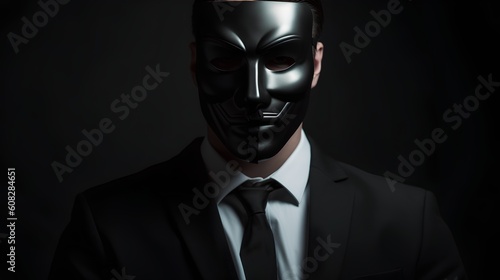 Concept of a liar, a man in a suit wearing black mask. Hiding his true identity, intentions, or actions. The sense of manipulation. A powerful representation of dishonesty and deception. Generative AI
