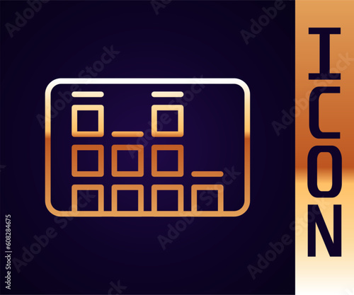 Gold line Music equalizer icon isolated on black background. Sound wave. Audio digital equalizer technology, console panel, pulse musical. Vector