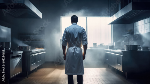 Back view of confident male chef standing in modern kitchen. Generative AI 