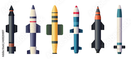 Ballistic missiles - vector set. Collection of cruise, ballistic and anti-aircraft missile. Different military rockets isolated on white.