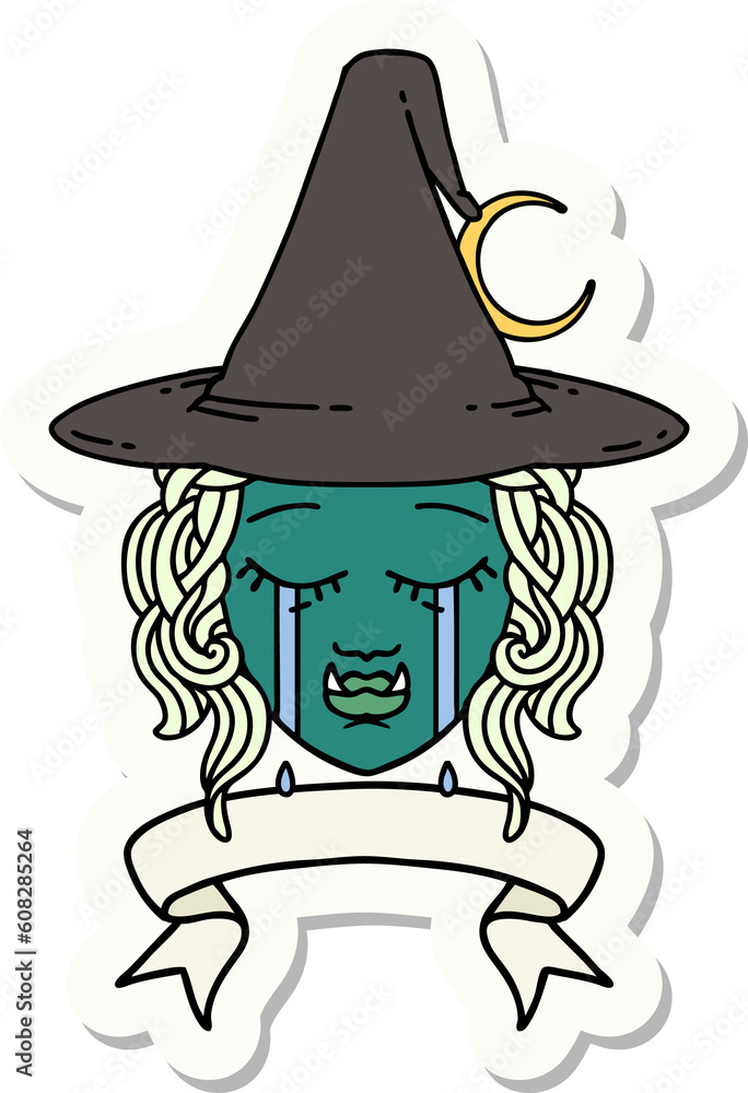 sticker of a crying half orc witch character face