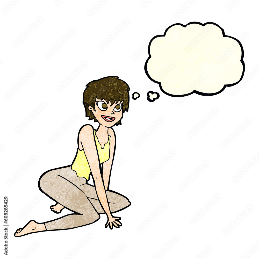 cartoon happy woman sitting on floor with thought bubble cartoon happy woman sitting on floor with thought bubble