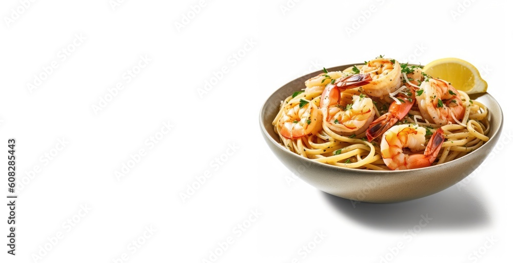 Delicious Shrimp Scampi with Pasta on a White Background (Generative AI) Delicious Shrimp Scampi with Pasta on a White Background (Generative AI)