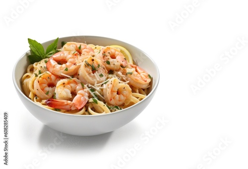 Delicious Shrimp Scampi with Pasta on a White Background (Generative AI)