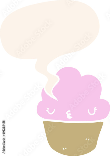 cartoon cupcake with face with speech bubble in retro style