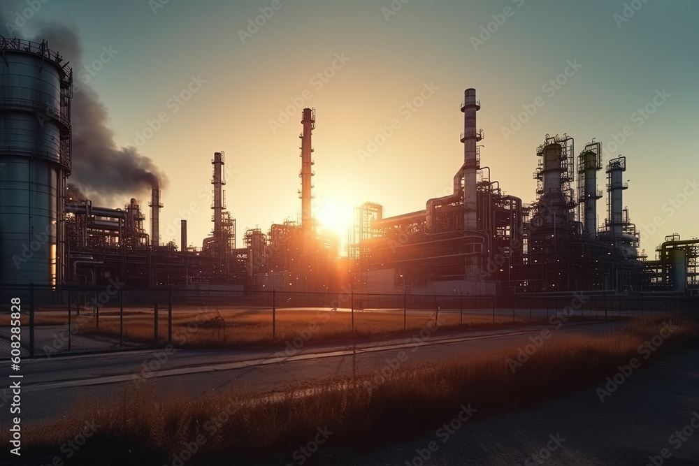 industrial pipelines of an oil-refinery plant at sunset. Generative Ai