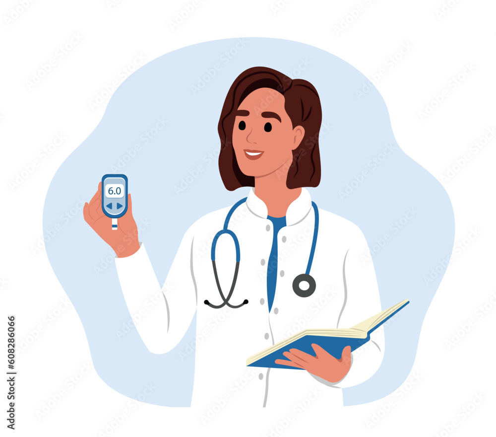 A young smiling female doctor holds a glucometer in his hands for measuring sugar. World Diabetes Day. A young smiling female doctor holds a glucometer in his hands for measuring sugar. World Diabetes Day.