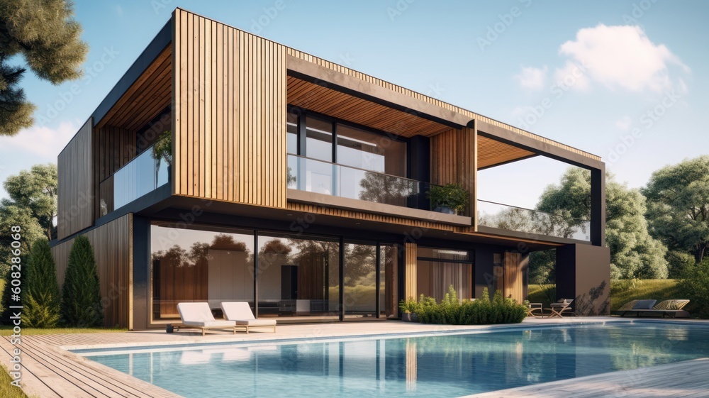 A modern two-story, minimalist high-tech style villa with huge panoramic windows, a spacious terrace, a swimming pool and sun loungers. Generative AI