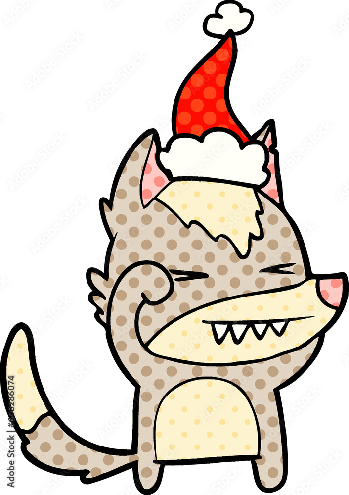 tired wolf hand drawn comic book style illustration of a wearing santa hat tired wolf hand drawn comic book style illustration of a wearing santa hat