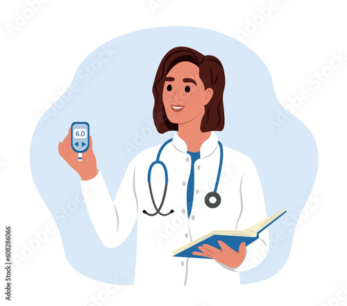 A young smiling female doctor holds a glucometer in his hands for measuring sugar. World Diabetes Day.