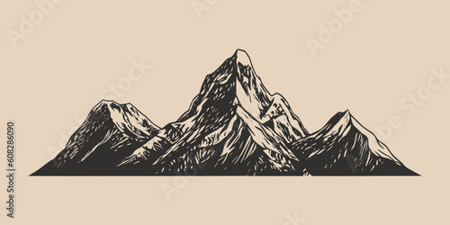 Set of vintage retro engraving style mountain. Can be used for logo, emblem, poster, dadge design. Monochrome Graphic Art. Engraving style. Vector