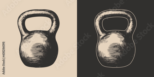 Set of vintage retro fit gym weight kettlenells.. Can be used for emblem, logo, badge, label. mark, poster or print. Monochrome Graphic Art. Vector. Hand drawn element in engraving