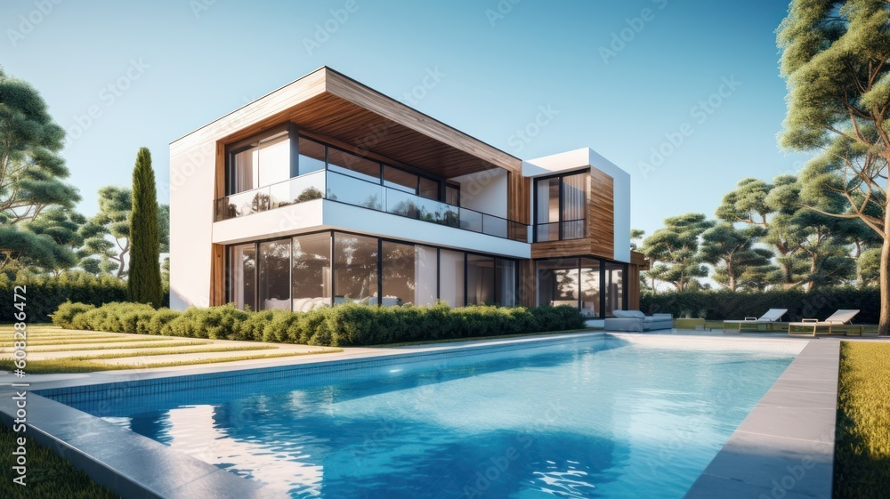 Fototapeta premium A modern two-story, minimalist high-tech style villa with huge panoramic windows, a spacious terrace, a swimming pool and sun loungers. Generative AI