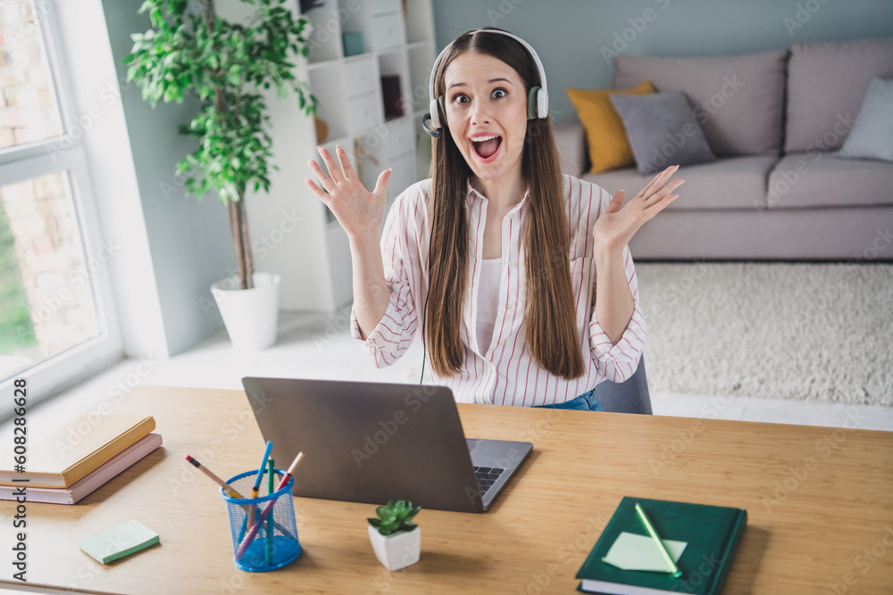 Photo portrait of lovely young lady headphone client shock work dressed stylish smart casual garment multifunctional apartment home office Photo portrait of lovely young lady headphone client shock work dressed stylish smart casual garment multifunctional apartment home office