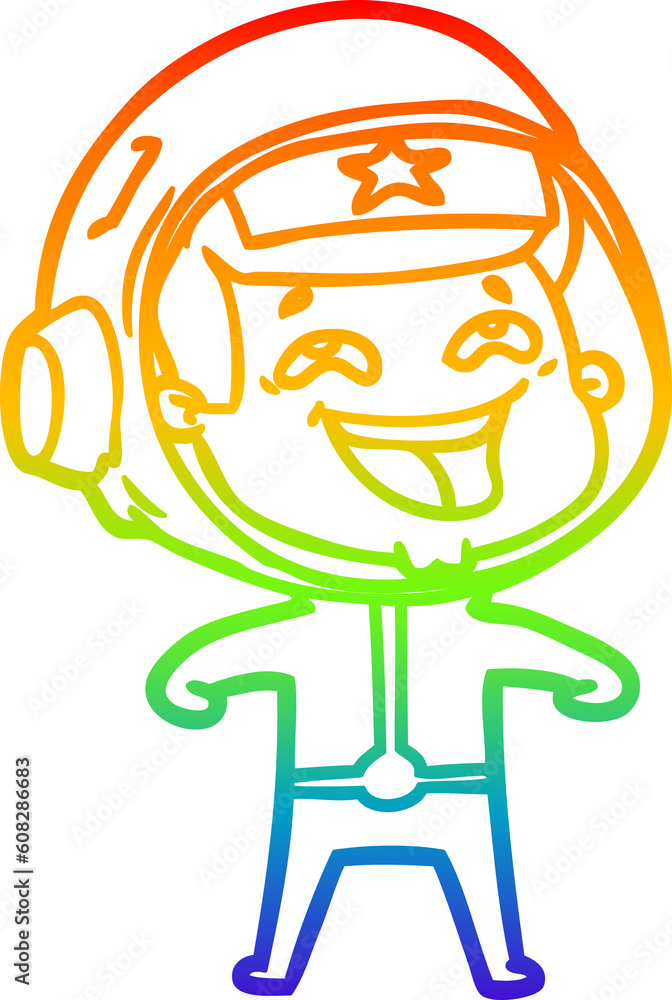 rainbow gradient line drawing of a cartoon laughing astronaut