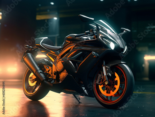 A superbike in the parking lot. In an area that uses cinematic lighting and light sources from a certain direction. Picture settings for advertisement photography.