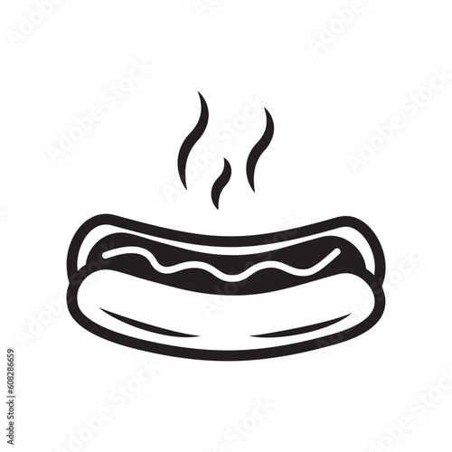 Hotdog vector icon and illustration. Bbq sausage. Street food icon and logo. Sausage icon. Butcher shop. Sausage in dough.