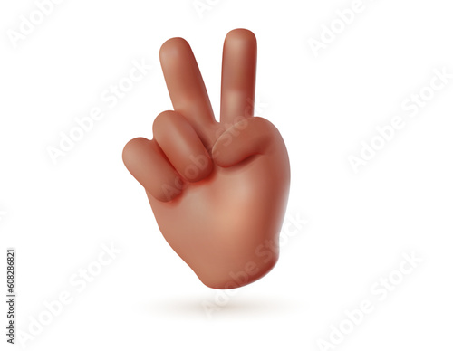 Vector illustration of hand gesture sign v on white color background. 3d style emoji design of man black skin hand
