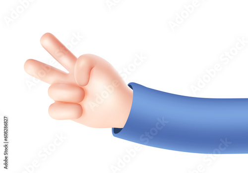 Vector illustration of hand gesture sign v in blue sleeve on white color background. 3d style emoji design of man white skin hand