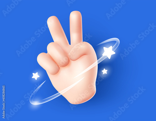 Vector illustration of hand gesture sign v with star and ring on blue color background. 3d style emoji design of man white skin hand