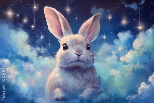 dreamy and ethereal watercolor print of a rabbit surrounded by floating clouds and stars. soft pastel shades and gentle brushstrokes to create a sense of tranquility and enchantment 