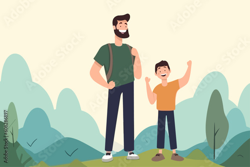 father and son playing in the park copy space banner, fathers day, children's day banner with copy space, cute kid and father enjoying in the park