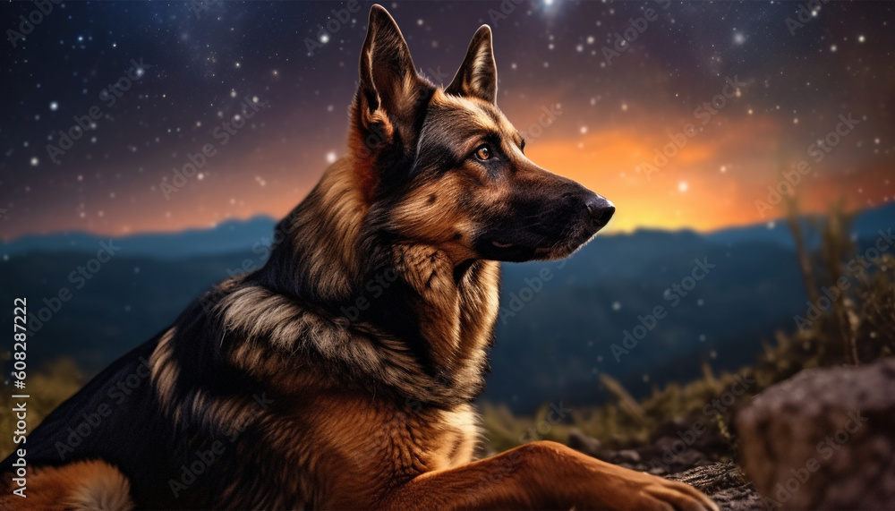 German shepard on the mountain howling to the moon