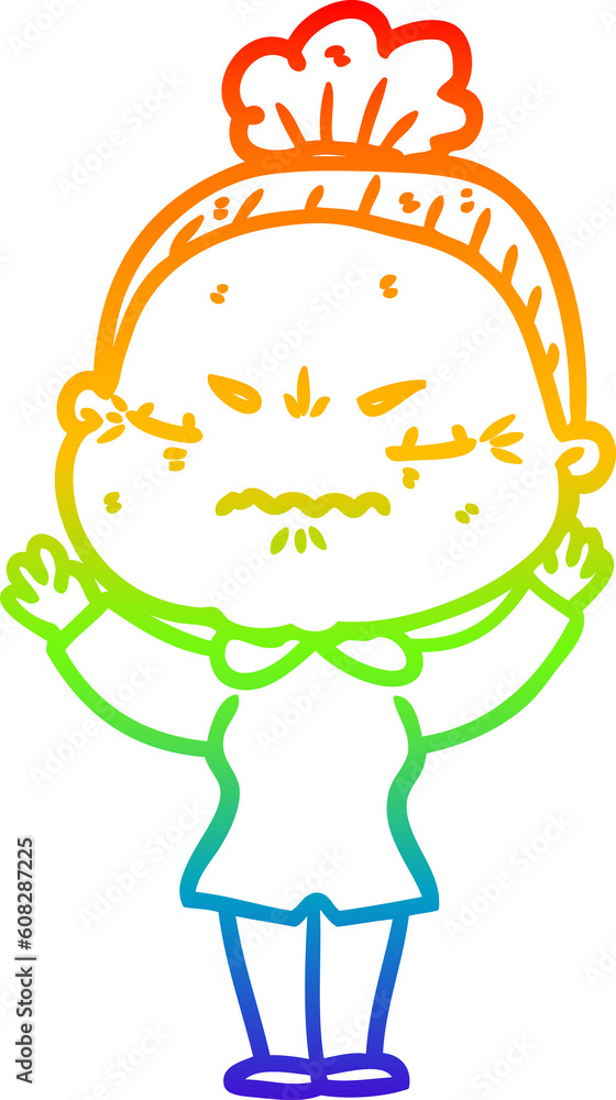 rainbow gradient line drawing of a cartoon annoyed old lady rainbow gradient line drawing of a cartoon annoyed old lady