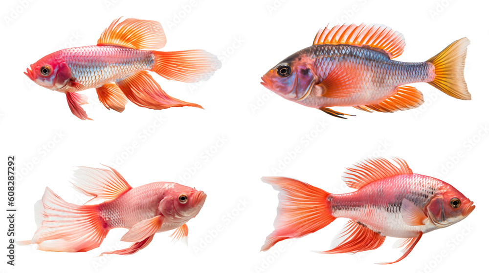 Naklejka premium Set of exotic fish isolated on the transparent background PNG. AI generative.