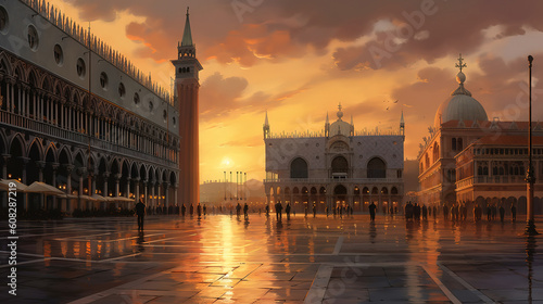 VENICE, ITALY, SUNSET, A panoramic view of the famous lagoon at Piazza San Marco. Generative Ai © hassanmim2021