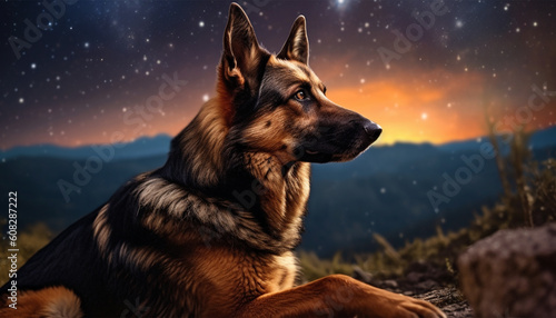 German shepard on the mountain howling to the moon