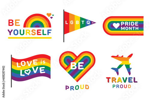 LGBT pride month quotes and decoration element set in rainbow color, vector design