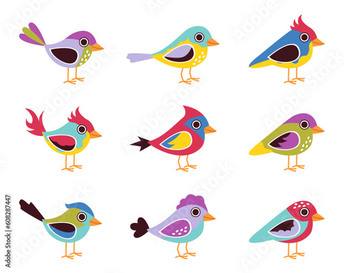 Set of colorful birds. With different colors and decorations. Vector graphic.