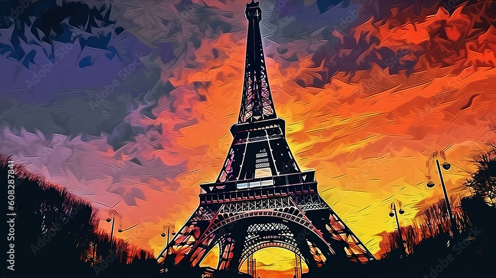 Small Paris street with view on the famous Eiffel Tower in Paris, France. Generative Ai