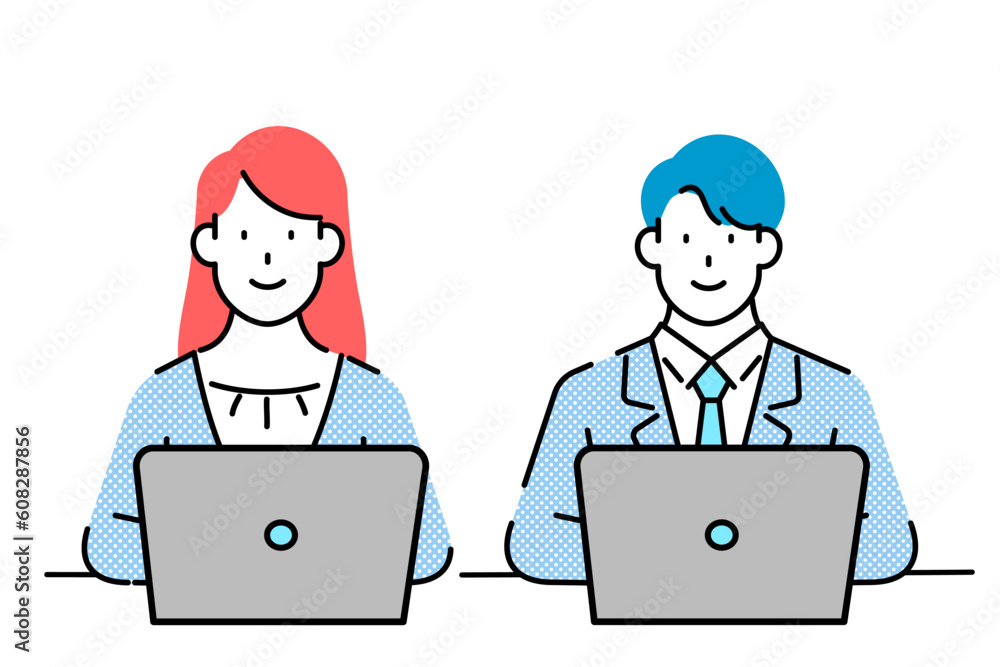 A couple of office workers sitting in front of a laptop and proposing a new idea. A couple of office workers sitting in front of a laptop and proposing a new idea.