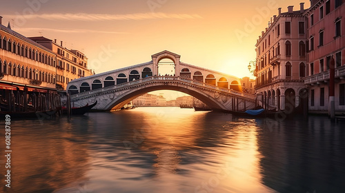 The rialto bridge at sunrise one of the most visited sights of venice italy. Generative Ai photo