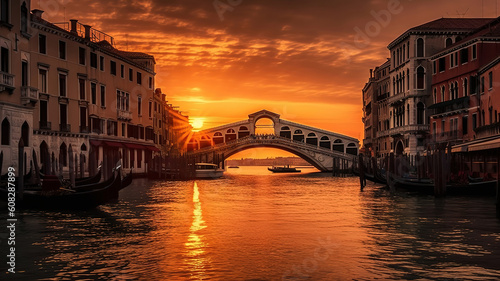 The rialto bridge at sunrise one of the most visited sights of venice italy. Generative Ai