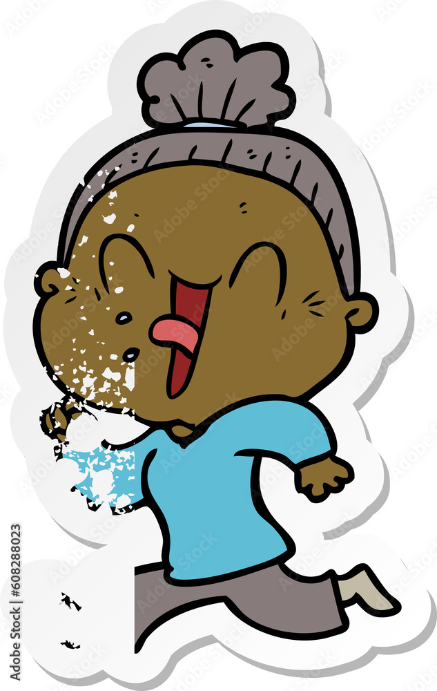 distressed sticker of a cartoon happy old woman distressed sticker of a cartoon happy old woman
