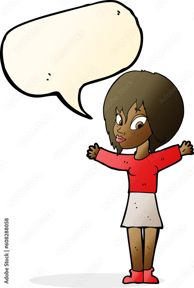 cartoon woman with open arms with speech bubble cartoon woman with open arms with speech bubble