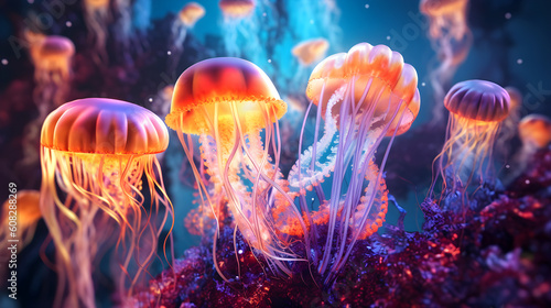 Colorful fantasy jellyfish Abstract biological background. Generative Ai