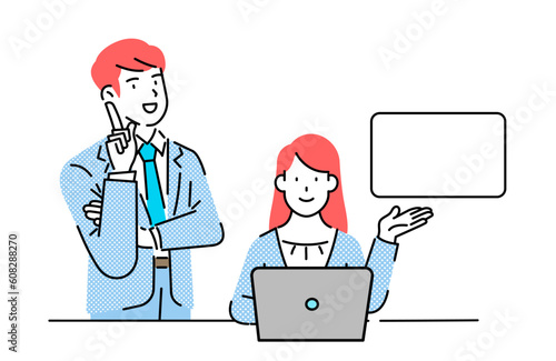 An agent and a female manager sitting at their laptops, promoting.
