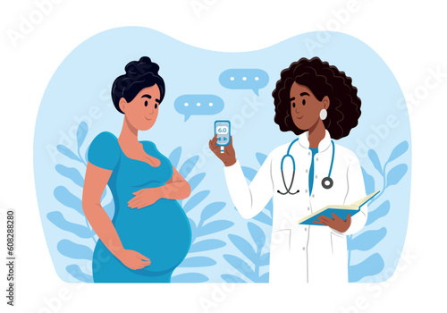 Diabetes in pregnant women. World Diabetes Day. A young smiling black female doctor measures the sugar level of a pregnant woman with a glucometer.Gynecologist and obstetrician consultation.