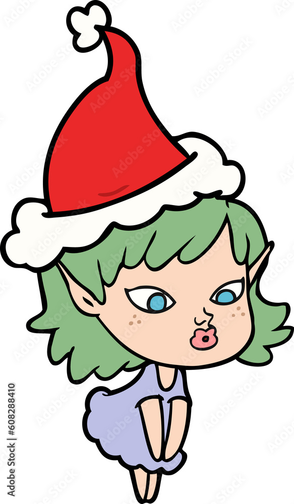 pretty hand drawn line drawing of a elf girl wearing santa hat pretty hand drawn line drawing of a elf girl wearing santa hat