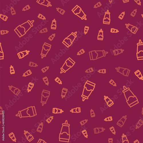 Brown line Sauce bottle icon isolated seamless pattern on red background. Ketchup, mustard and mayonnaise bottles with sauce for fast food. Vector