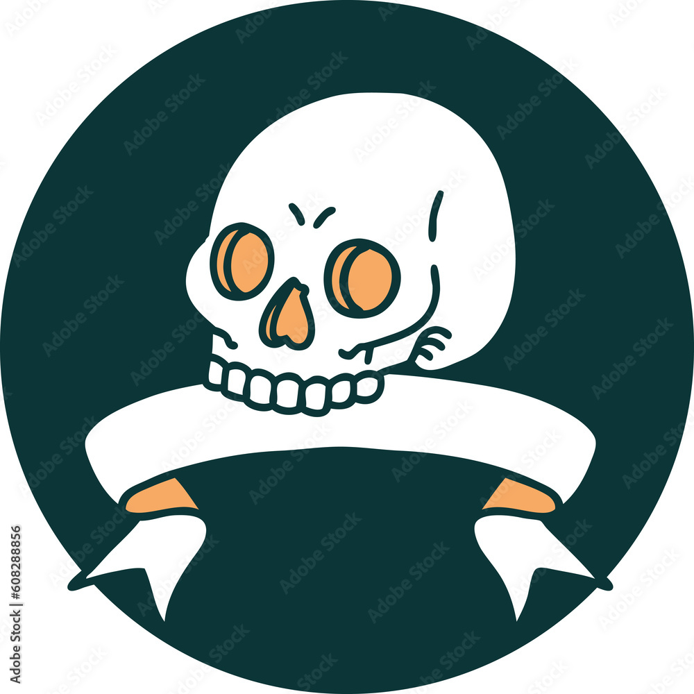 tattoo style icon with banner of a skull tattoo style icon with banner of a skull